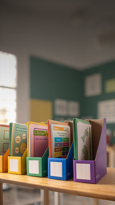 multiple colored file boxes stacked next to each other on a desk