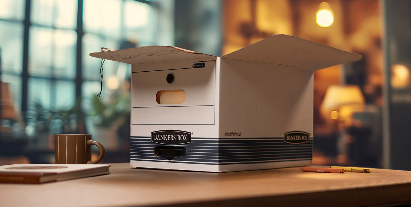 Photo of a man and woman in their kitchet packing a box