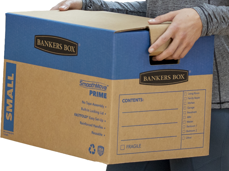 woman carrying moving boxes