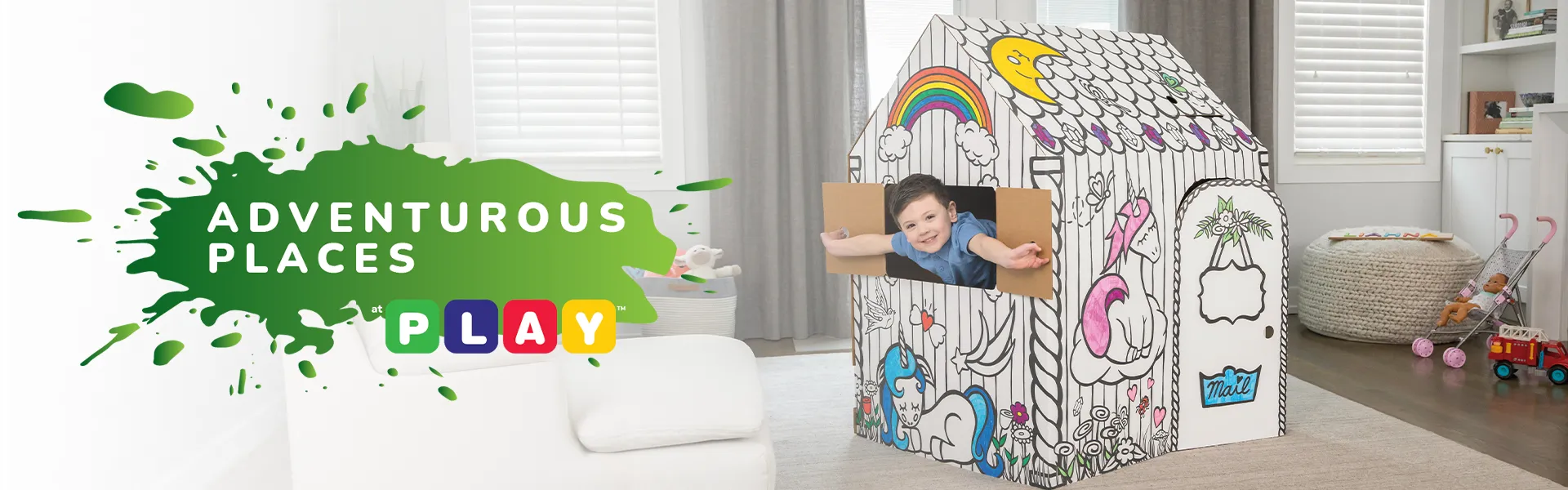 Boy playing in playhouse