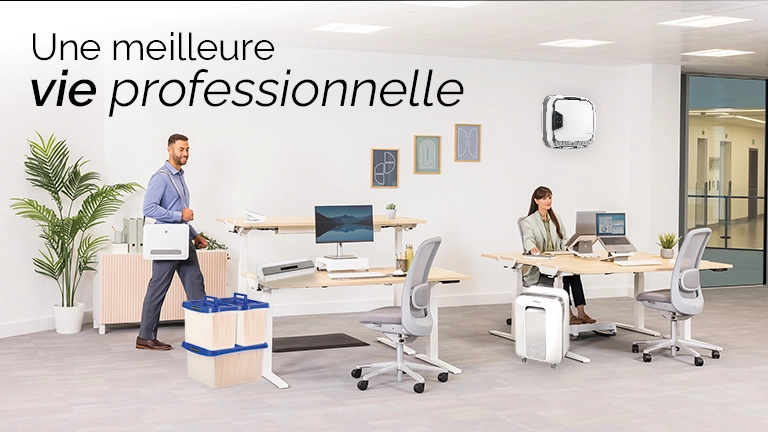 The WorkLife Coach leaning on a desk of Fellowes products