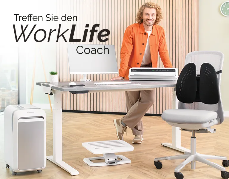 The WorkLife Coach leaning on a desk of Fellowes products