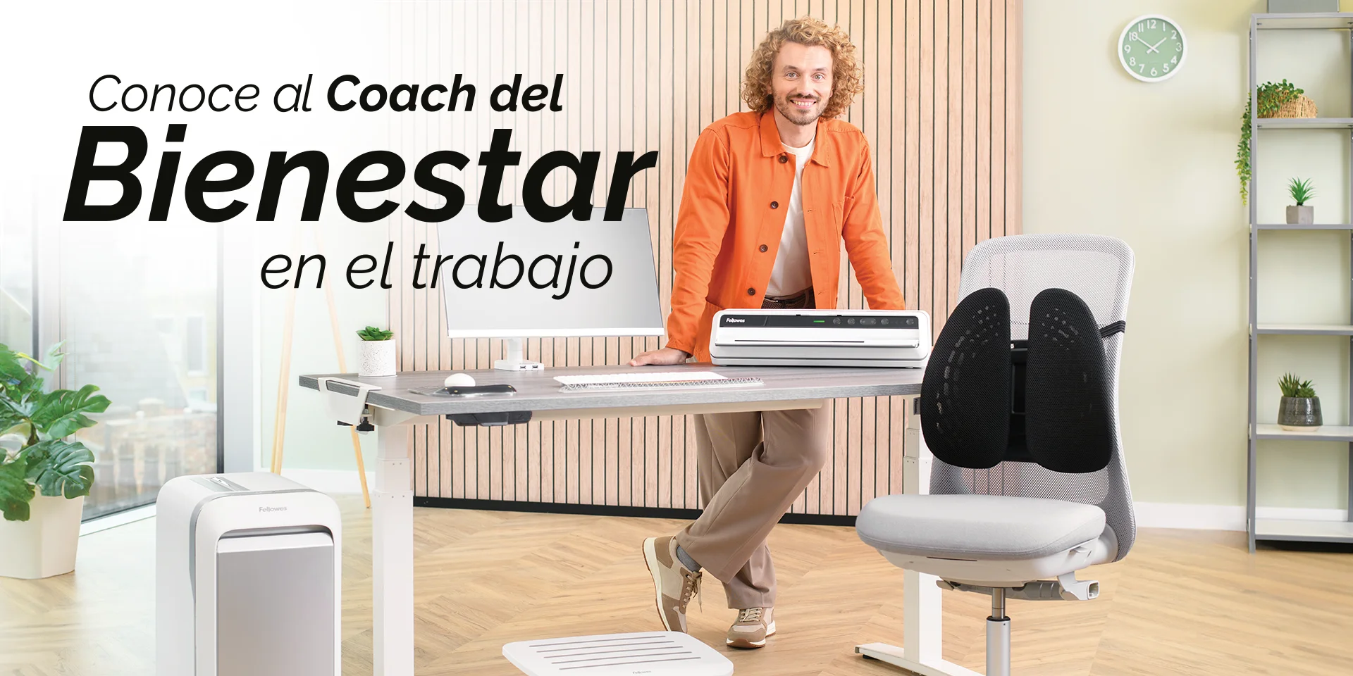 The WorkLife Coach leaning on a desk of Fellowes products