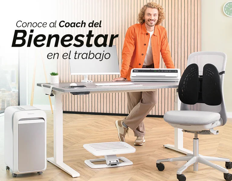 The WorkLife Coach leaning on a desk of Fellowes products