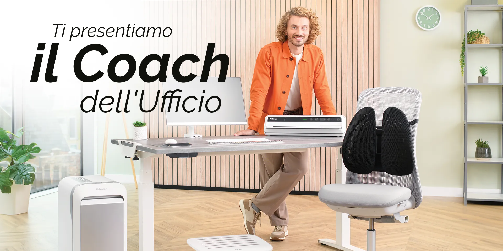 The WorkLife Coach leaning on a desk of Fellowes products