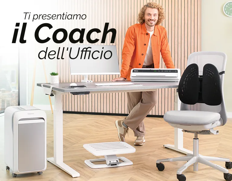The WorkLife Coach leaning on a desk of Fellowes products