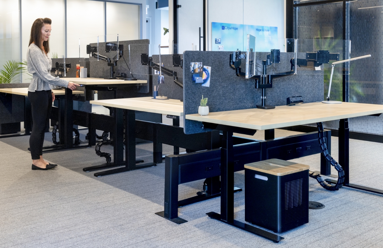 Woman working at a standing desk in an Office Area