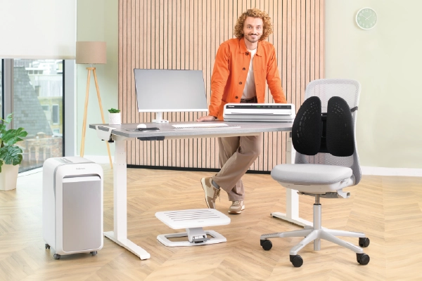 Man stood with Fellowes office products