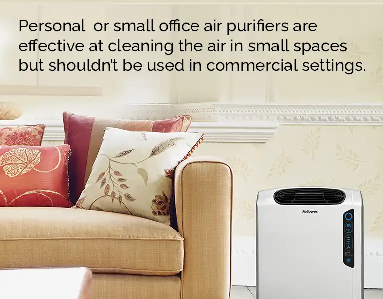 Personal  or small office air purifiers are effective at cleaning the air in small spaces but shouldn’t be used in commercial settings