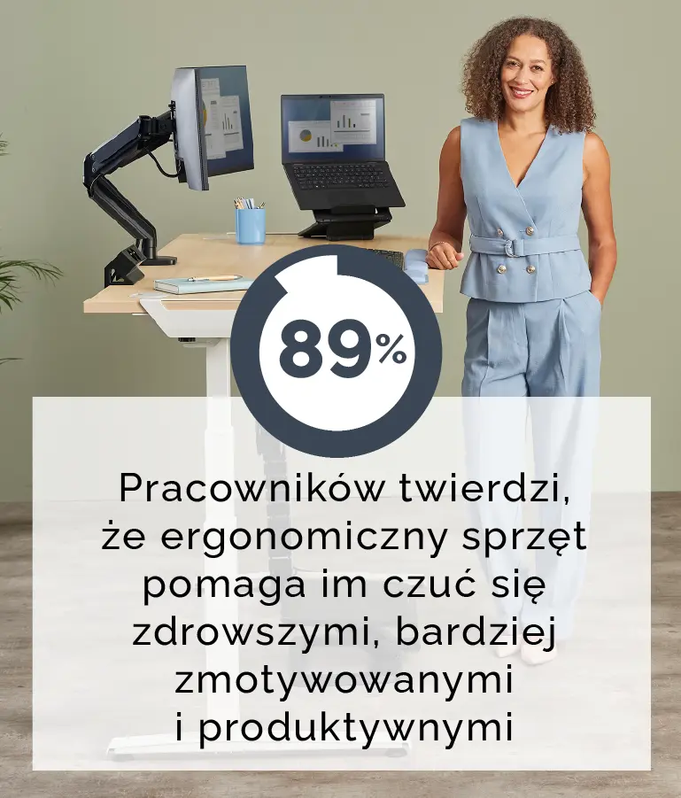 Woman stood beside a sit-stand desk ergonomic set up