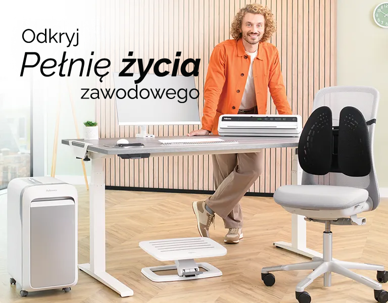 The WorkLife Coach leaning on a desk of Fellowes products