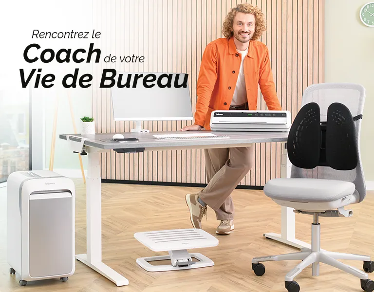 The WorkLife Coach leaning on a desk of Fellowes products
