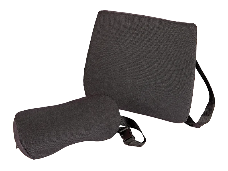 Man sat upright in a chair using a back support