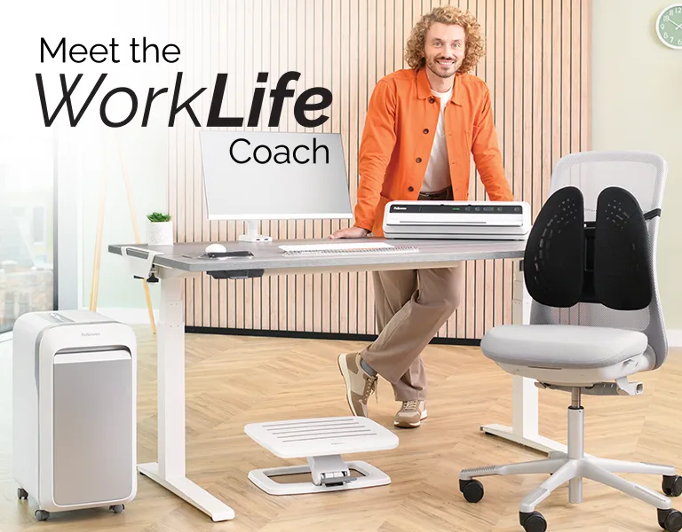 The WorkLife Coach leaning on a desk of Fellowes products