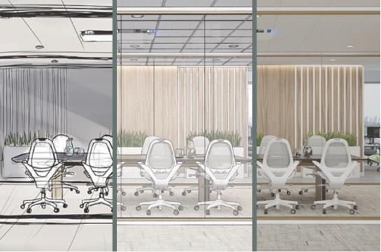 A drawing of an office space in various stages of completeness