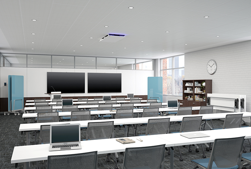 Image of an empty classroom with an Array Ceiling UV unit