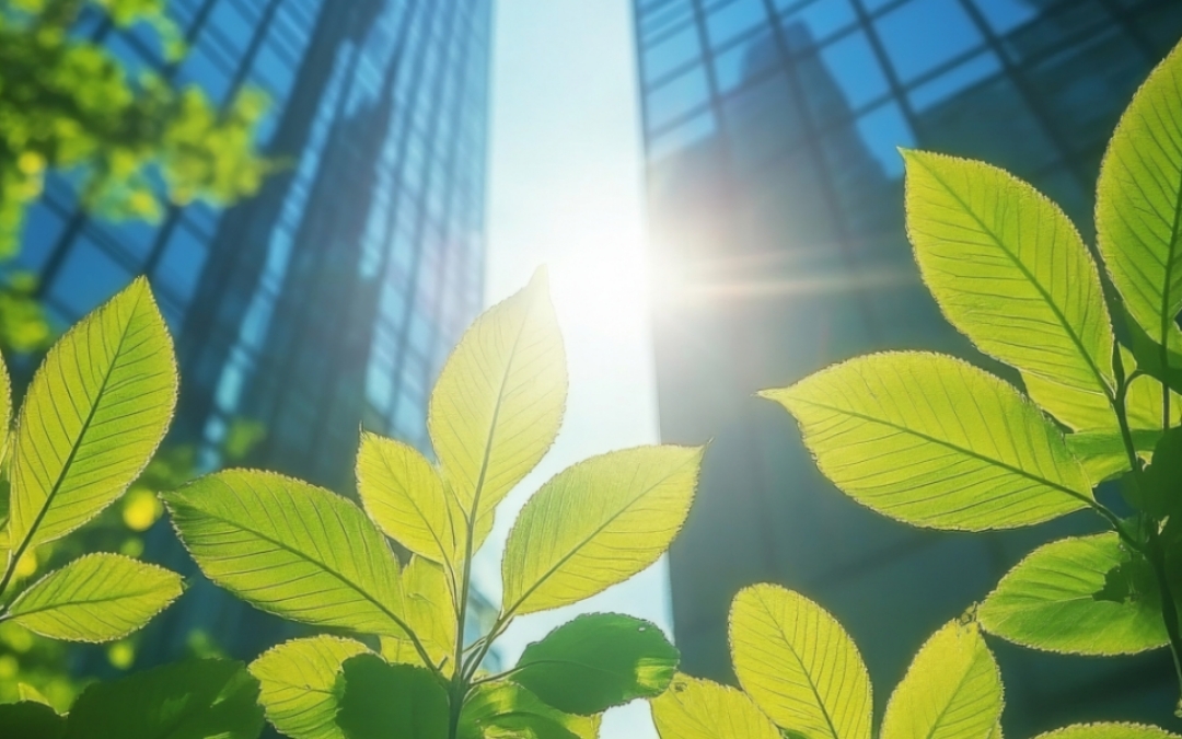 point of view of a person looking up to two skyscrapers through leaves from a tree