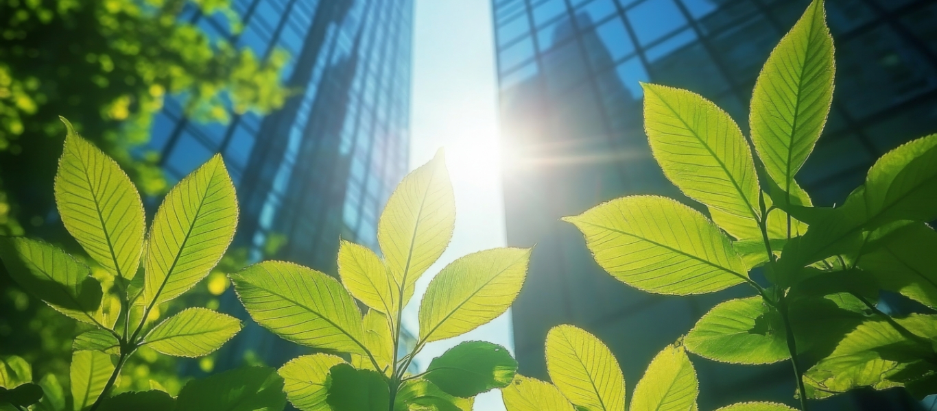 Photo looking up through some buildings at the sun with green plants in the foreground