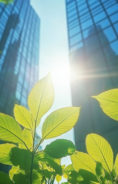 Photo looking up through some buildings at the sun with green plants in the foreground