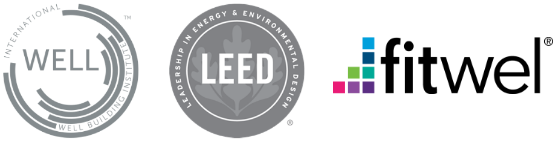 The Well, LEED, and fitwel logos