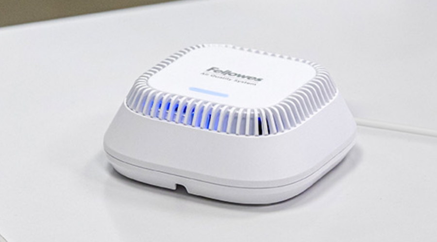 Image of a fellowes air quality sensor sitting on a desk