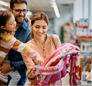 man, woman, and child looking at a backpack