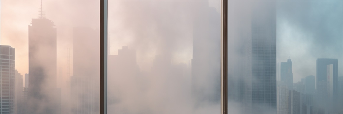 Image of a smoke amongst skyscrapers from outside a window
