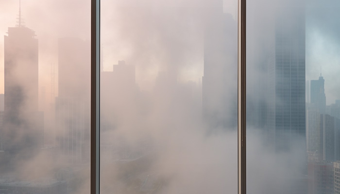 Image of a smoke amongst skyscrapers from outside a window