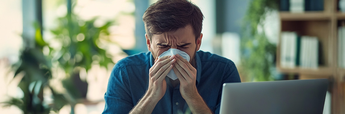 Image of a man sneezing at his desk