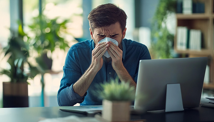 Image of a man sneezing at his desk