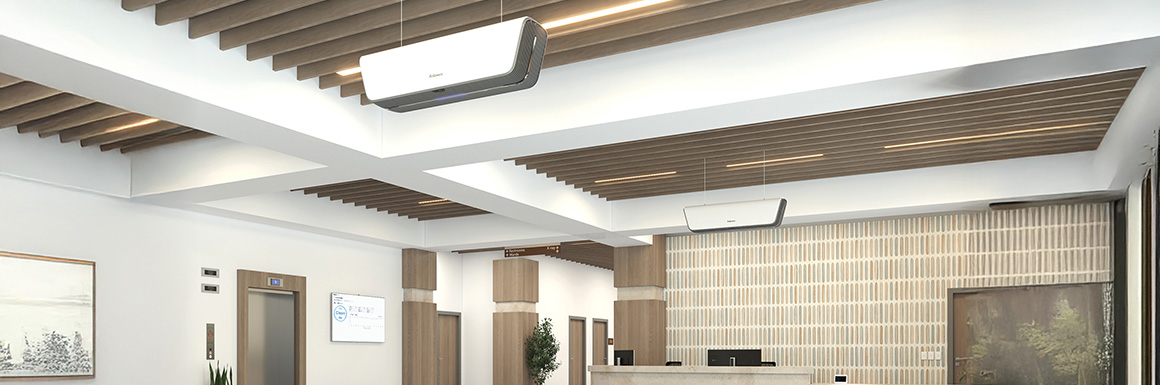 Image of an empty waiting room with an Array Ceiling Device hanging from the ceiling