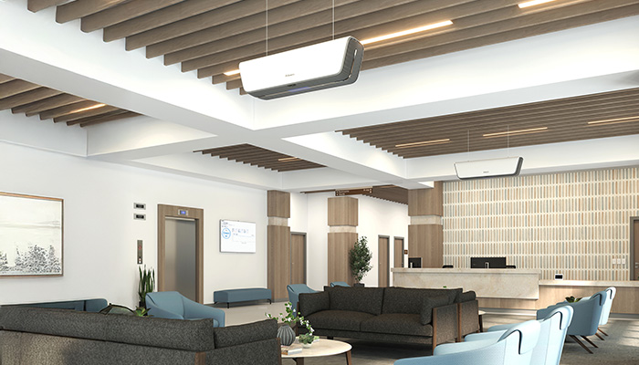 Image of an empty waiting room with an Array Ceiling Device hanging from the ceiling
