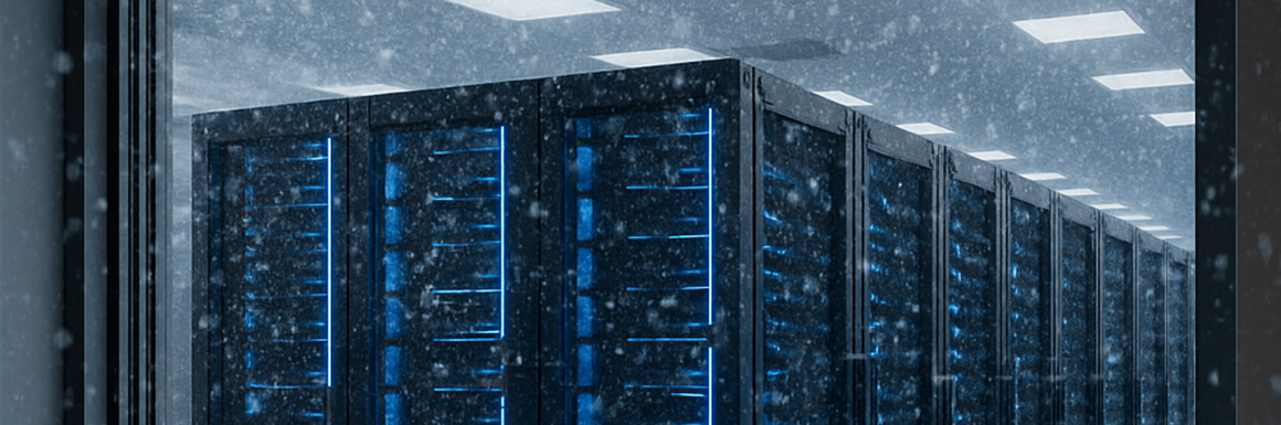 Image of a server room from the outside through a window while it is snowing outside
