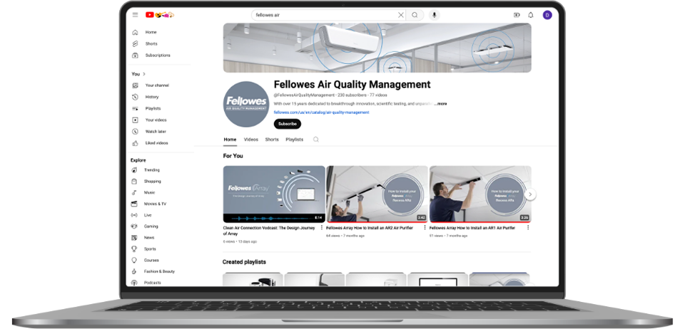 Image of a laptop with the Fellowes AQM Youtube Channel up