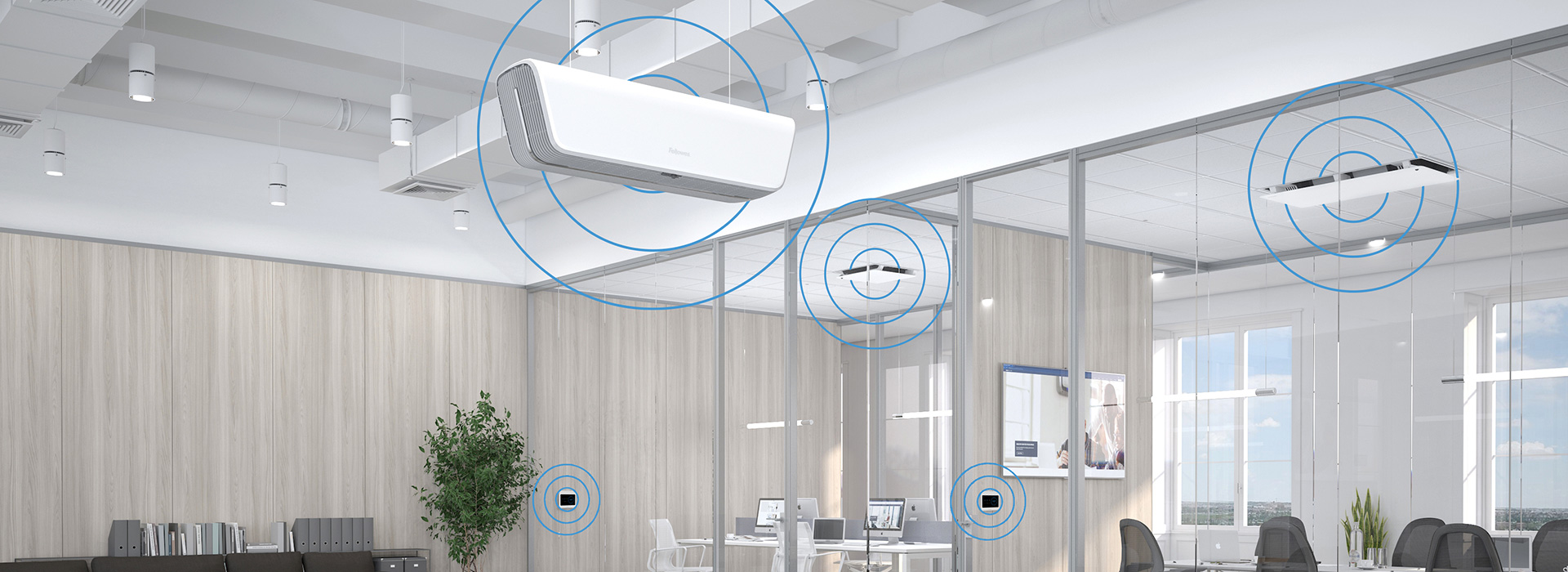 Photo of an office space with Array Ceiling devices mounted