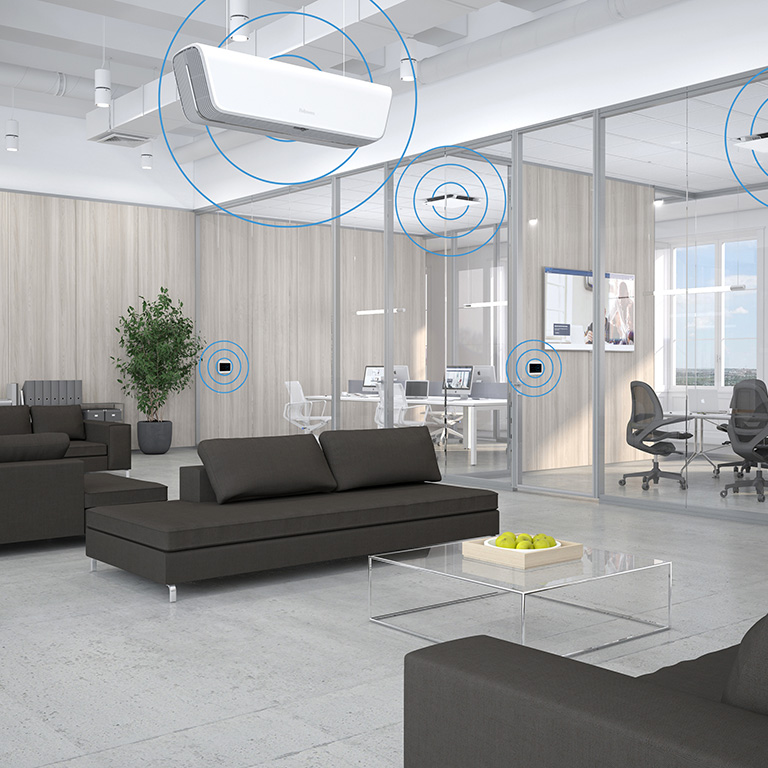 Photo of an office space with Array Ceiling devices mounted