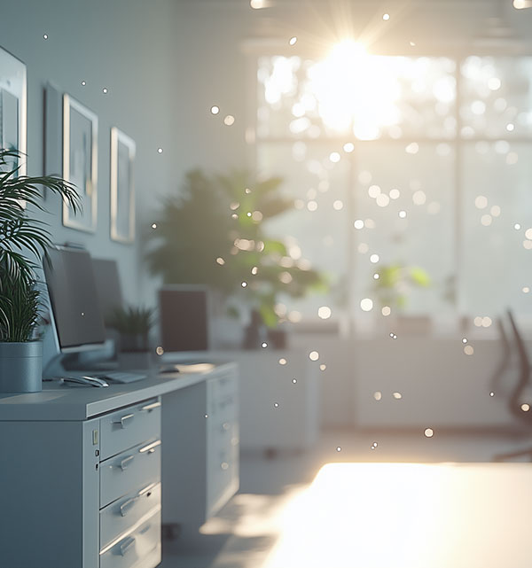 photo of a blue-green empty room with particulates floating in the air