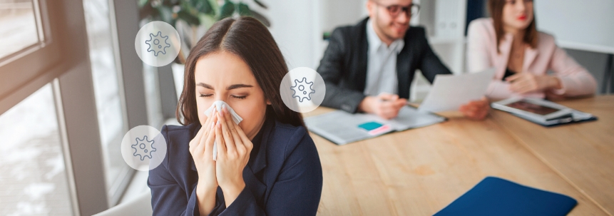 image of virus particles floating around a room filled with people