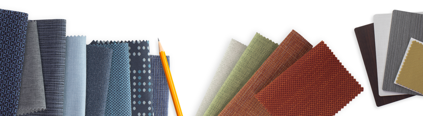 Collage image of paint swatches, different fabrics and materials, and a pencil