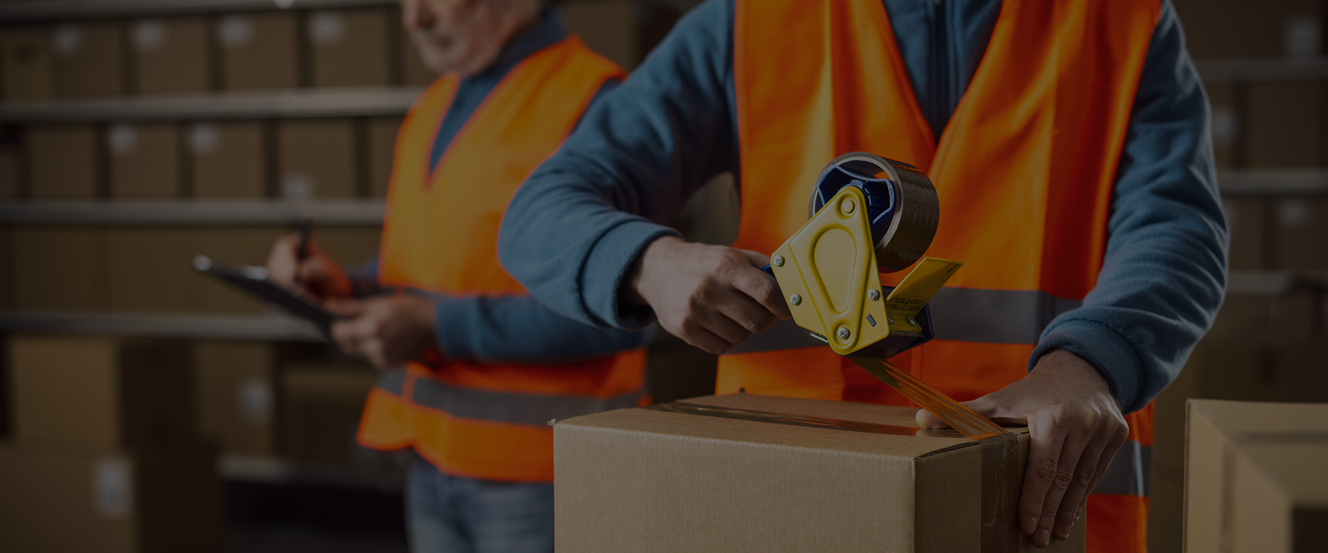 Image of a man taping up a box in a warehouse