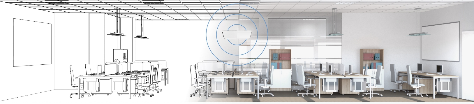 Image of an office space transitioning from concept drawing to completion