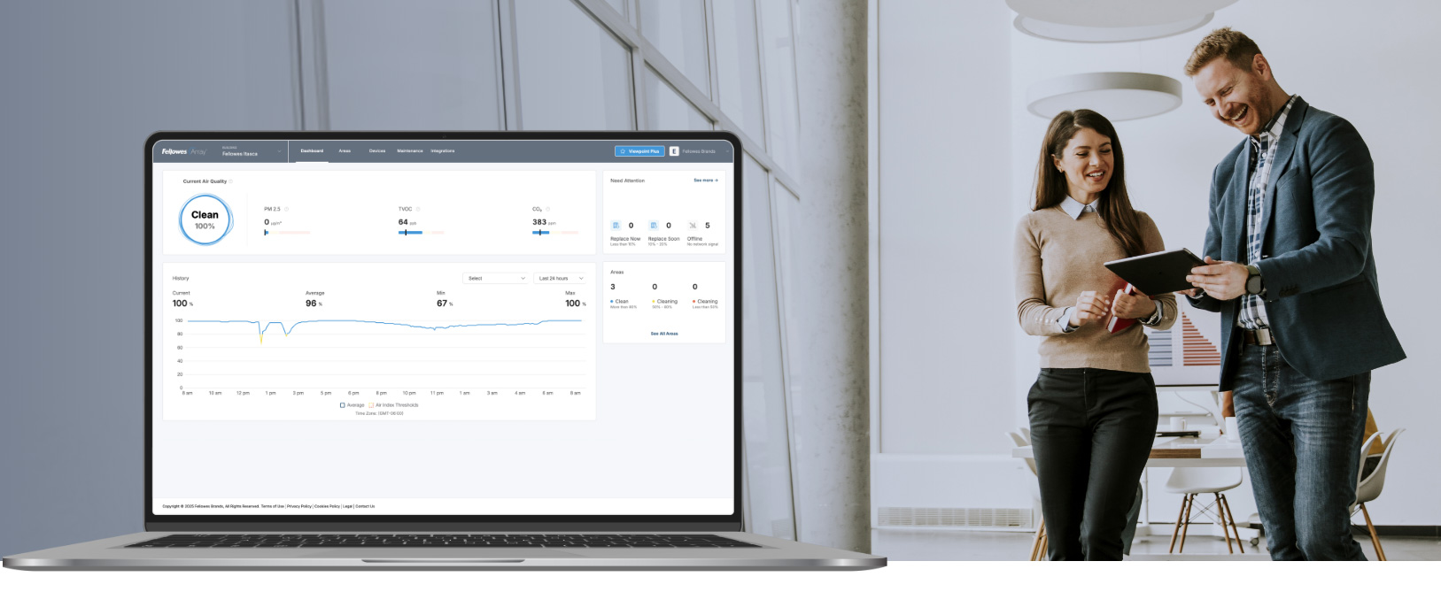 Image of a laptop with the Viewpoint Software on the left and a man and woman talking about it on the right