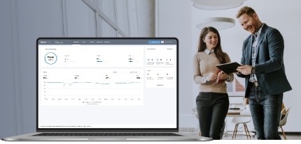 Image of a laptop with the Viewpoint Software on the left and a man and woman talking about it on the right