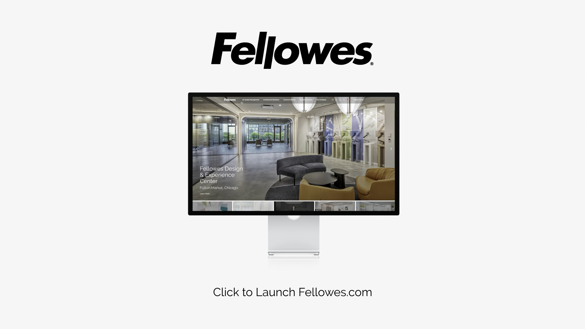 Image of a computer screen with the fellowes website displayed on it with the words click to launch fellowes.com