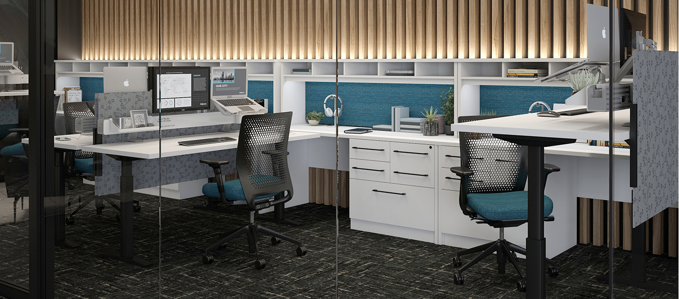 Image of a shared office space with Triumph LX Tables and Rising Loft