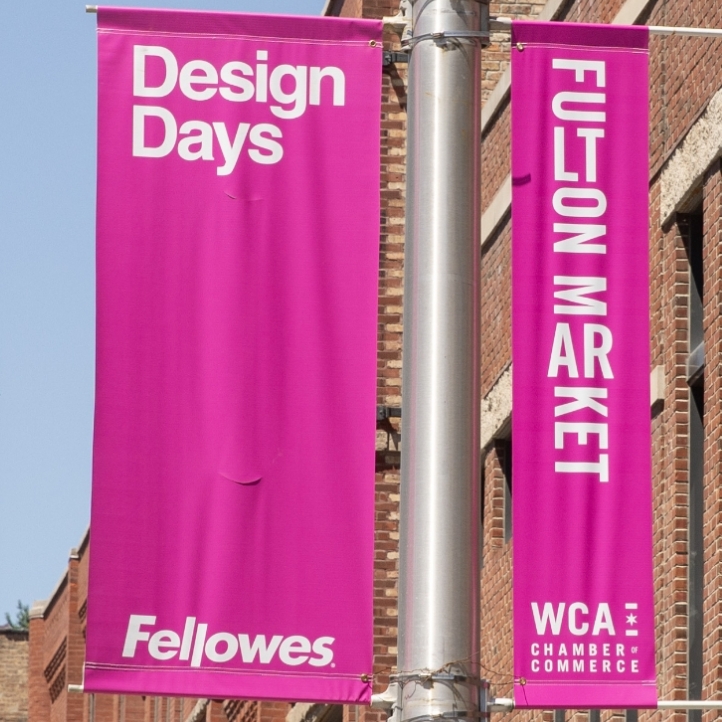 Image of the Fulton Market banners outside the building