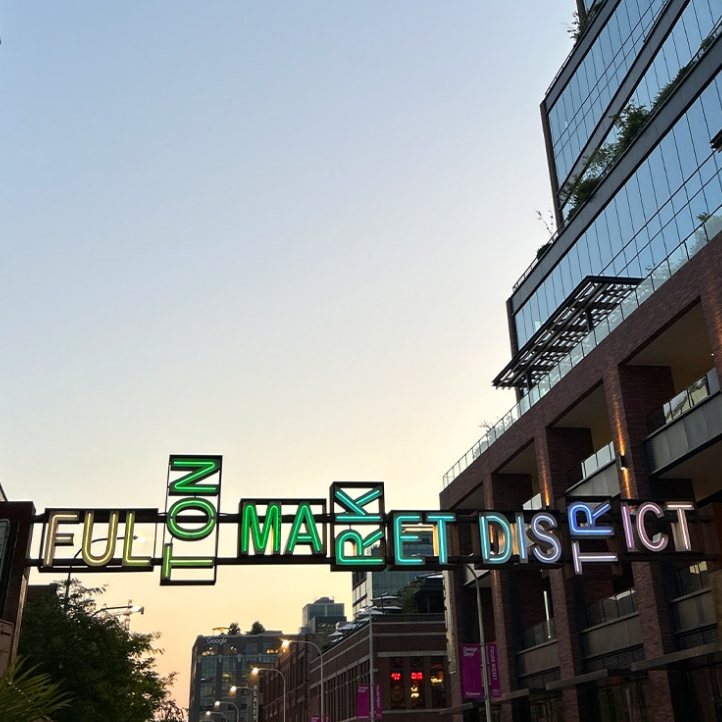 Image of the Fulton Market Location from the street showing the sign