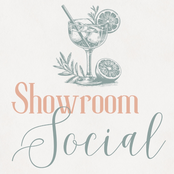 Plain Image with the words Showroom Social and a martini glass drawing on a solid color background