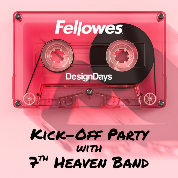 Image of a see-through cassette tape on a pink surface with the words Kick-Off Party with 7th Heaven Band on it