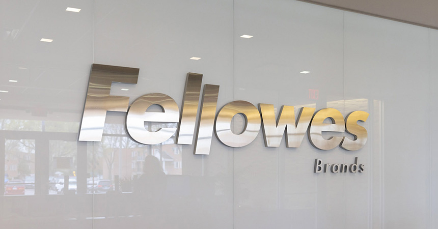 Image of the Fellowes Brand logo on a glass wall